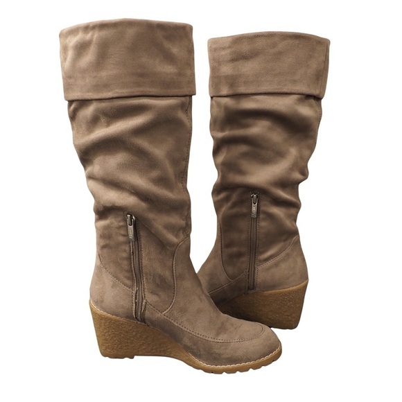 Bass sz 8.5 Eden tall stone micro suede wedge heel boots - Picture 3 of 16